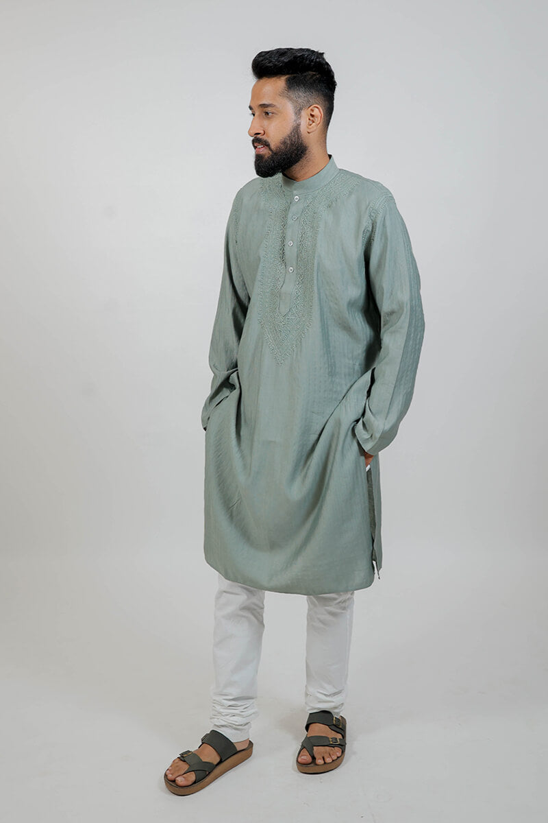 Sage Green Soft Cotton Chikankari Men Kurta