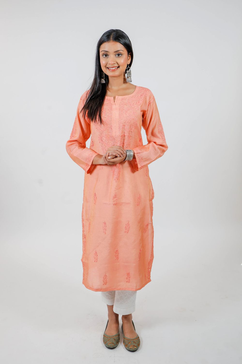Orange Chanderi Silk Chikankari Kurti
