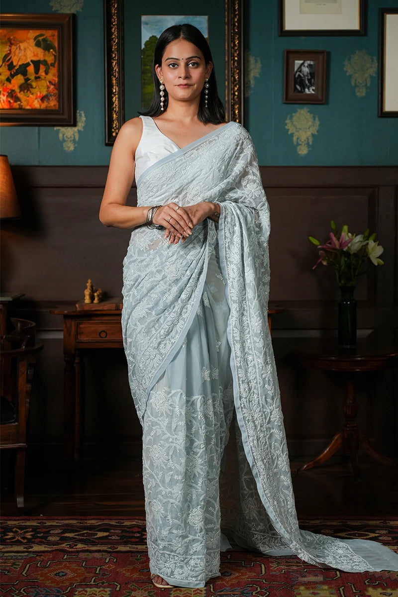 Dove Grey Georgette Saree with Understated Chikankari Elegance