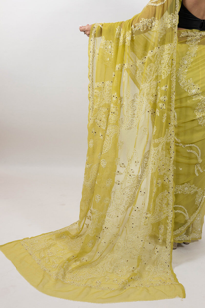 Mehndi Green Chikankari Saree with Mukesh Work
