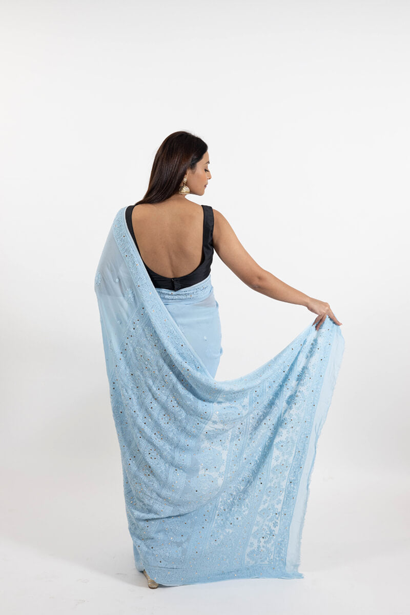 Powder Blue Georgette Saree with Mukesh Work & Resham Dhaga Embroidery