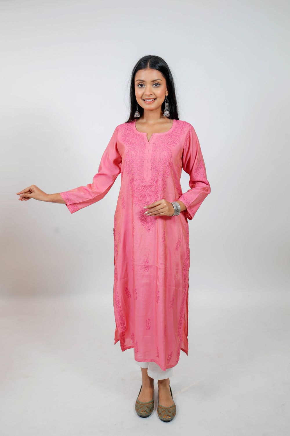 Pink Chanderi Silk Chikankari Kurti