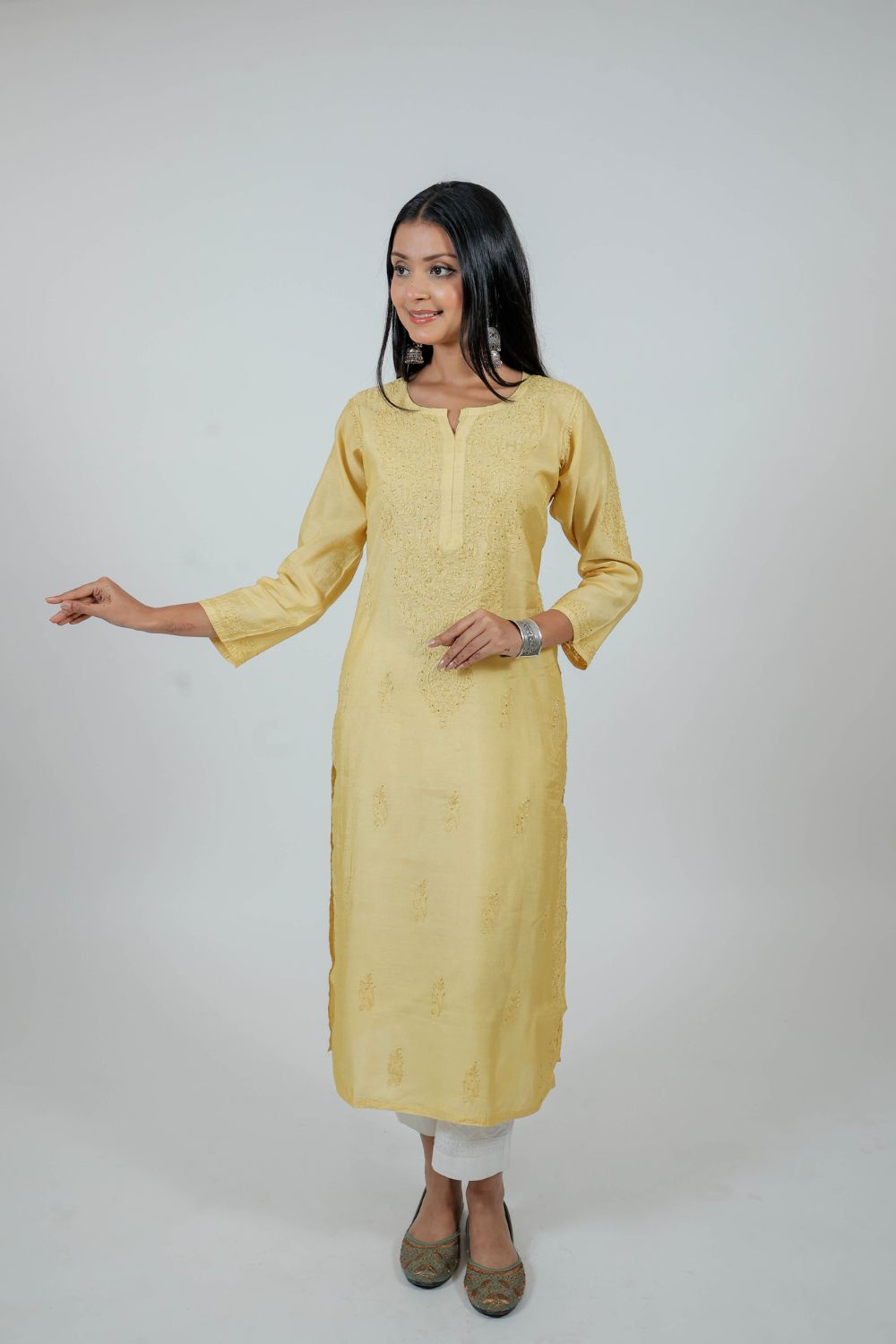 Sunshine Yellow Chanderi Silk Chikankari Kurti
