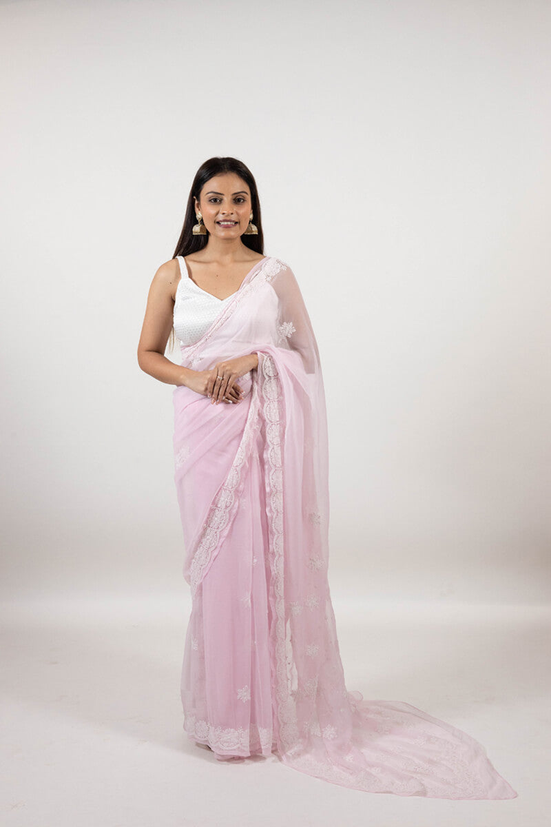 Baby Pink Georgette Saree with Katdana & Pearl Chikankari Embroidery
