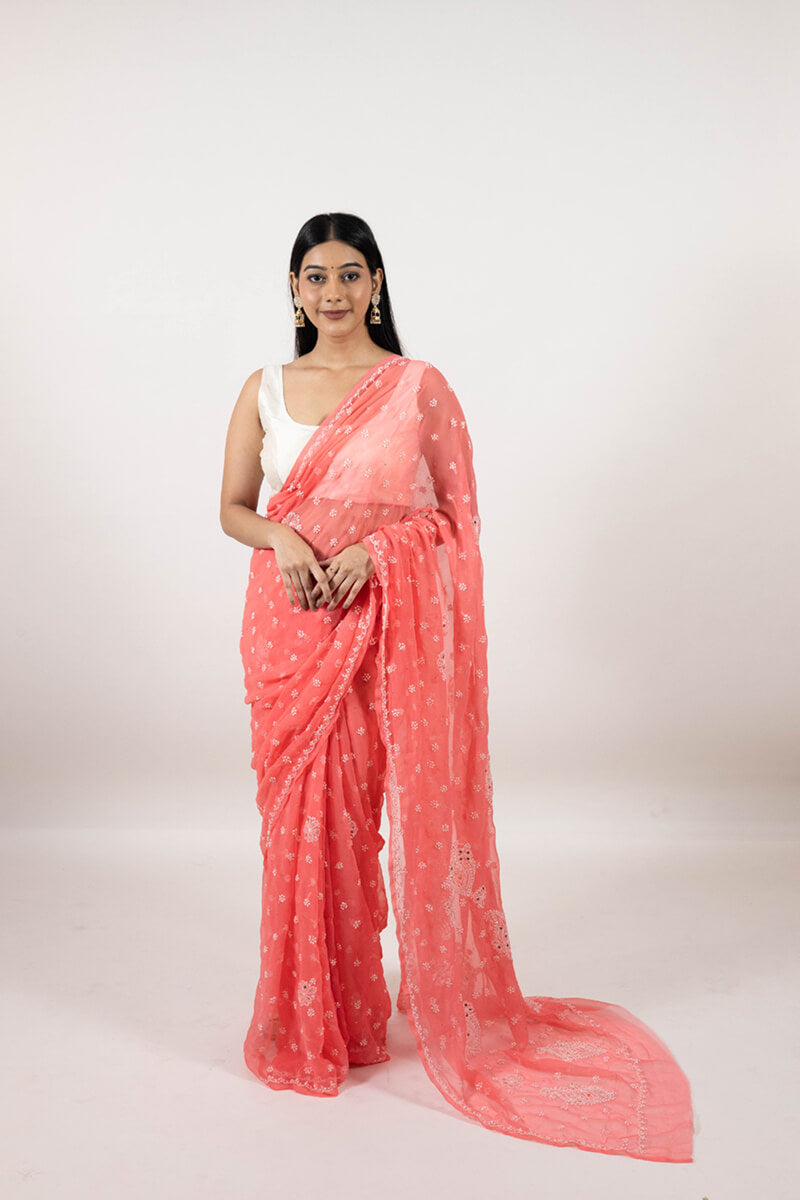 Rosy Pink Saree with Mukesh Work & White Thread Embroidery