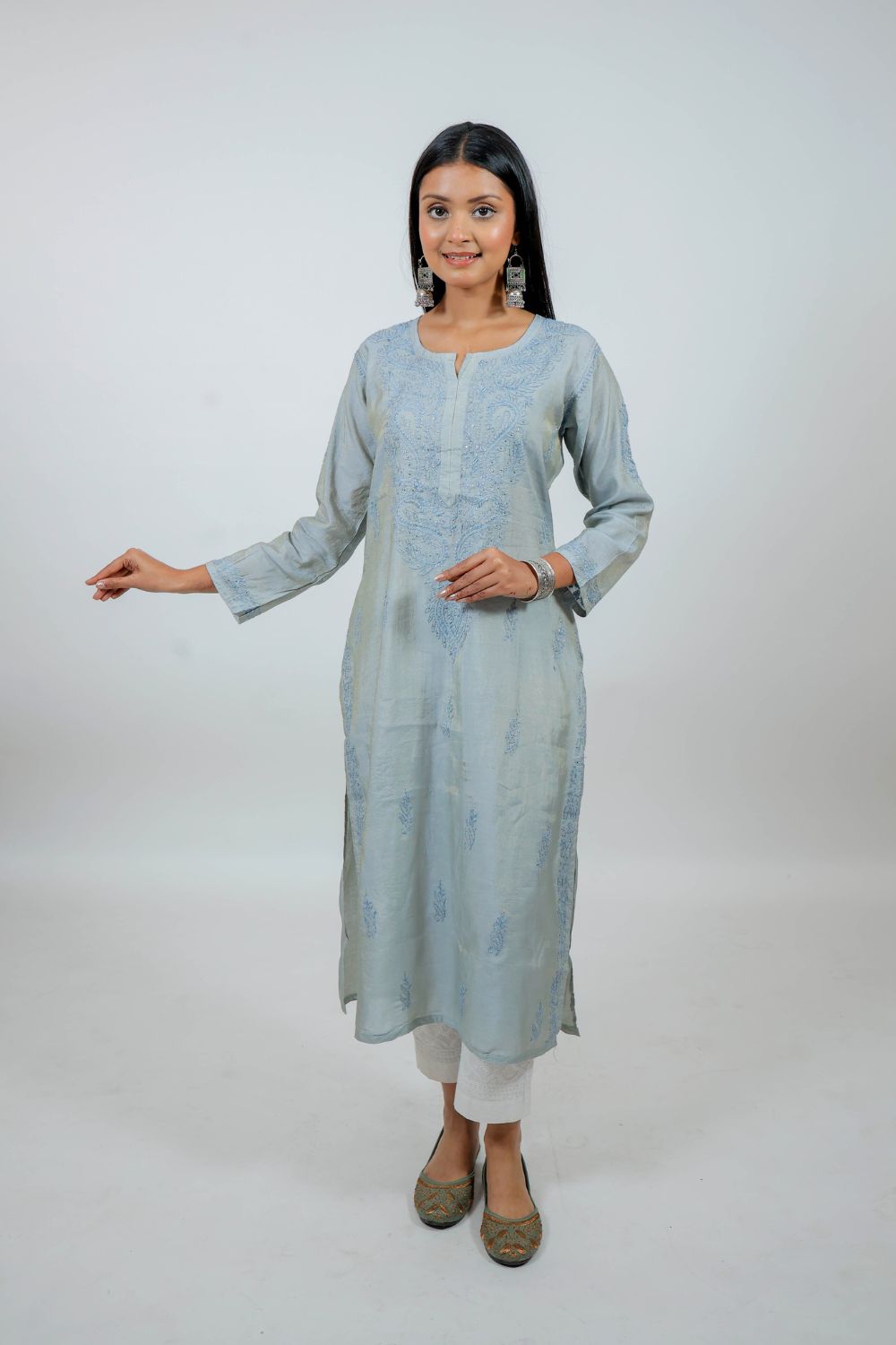 Grey Chanderi Silk Chikankari Kurti