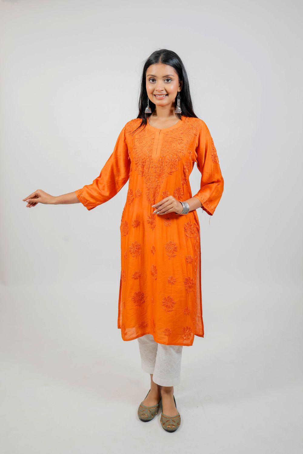 Rust Chanderi Silk Chikankari Kurti