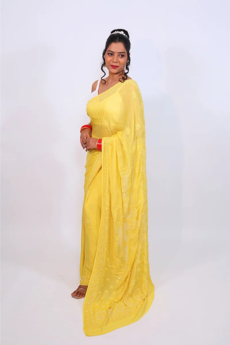 Sunflower Yellow Viscose Georgette Saree with Resham Dhaga, Pearl & Sequence Work