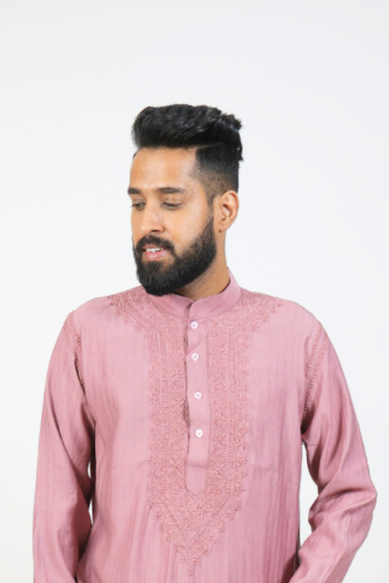 Dusty Rose Mul Cotton Chikankari Men Kurta