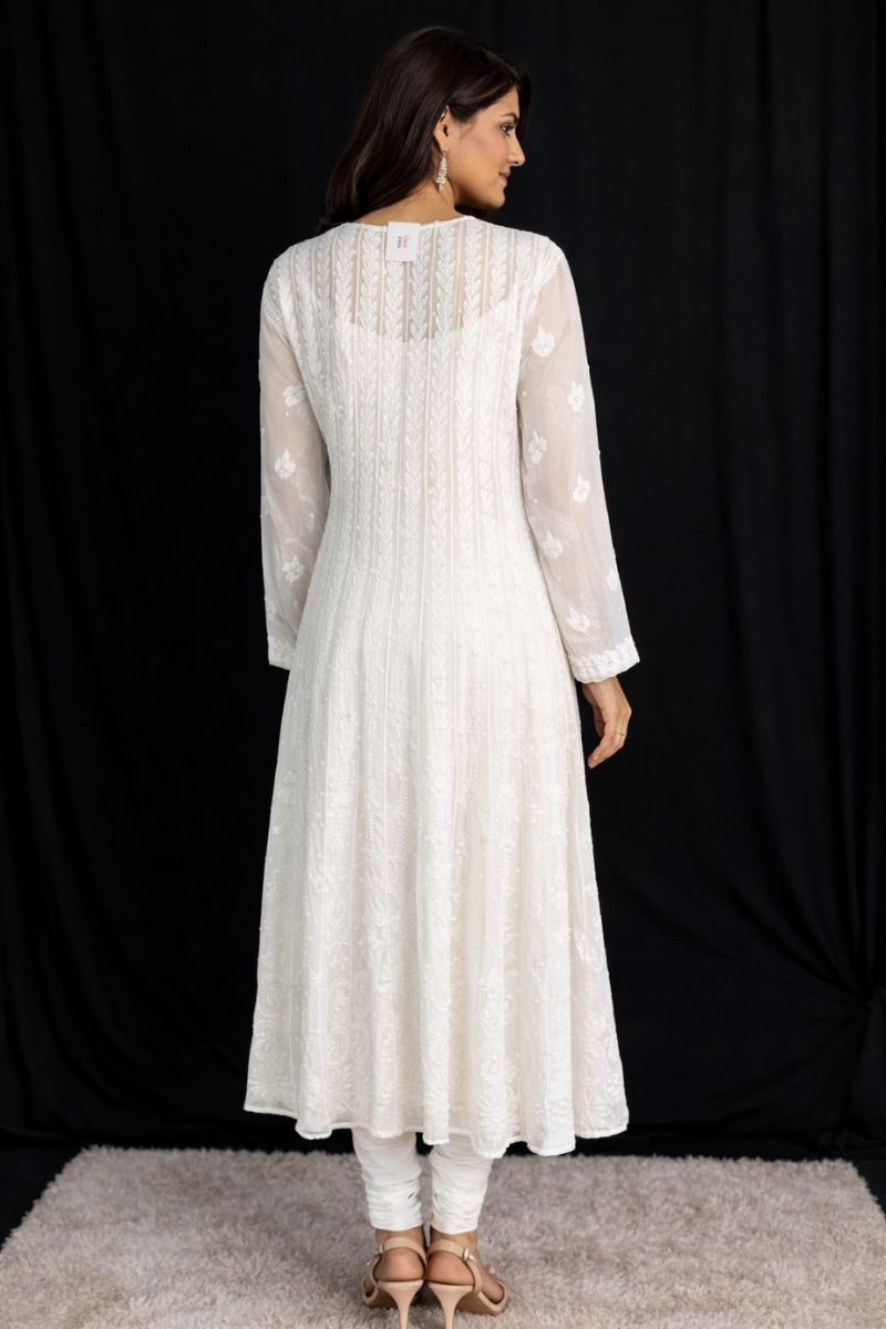 Pure Georgette White Anarkali Kurti with Pearl & Cutdana Work