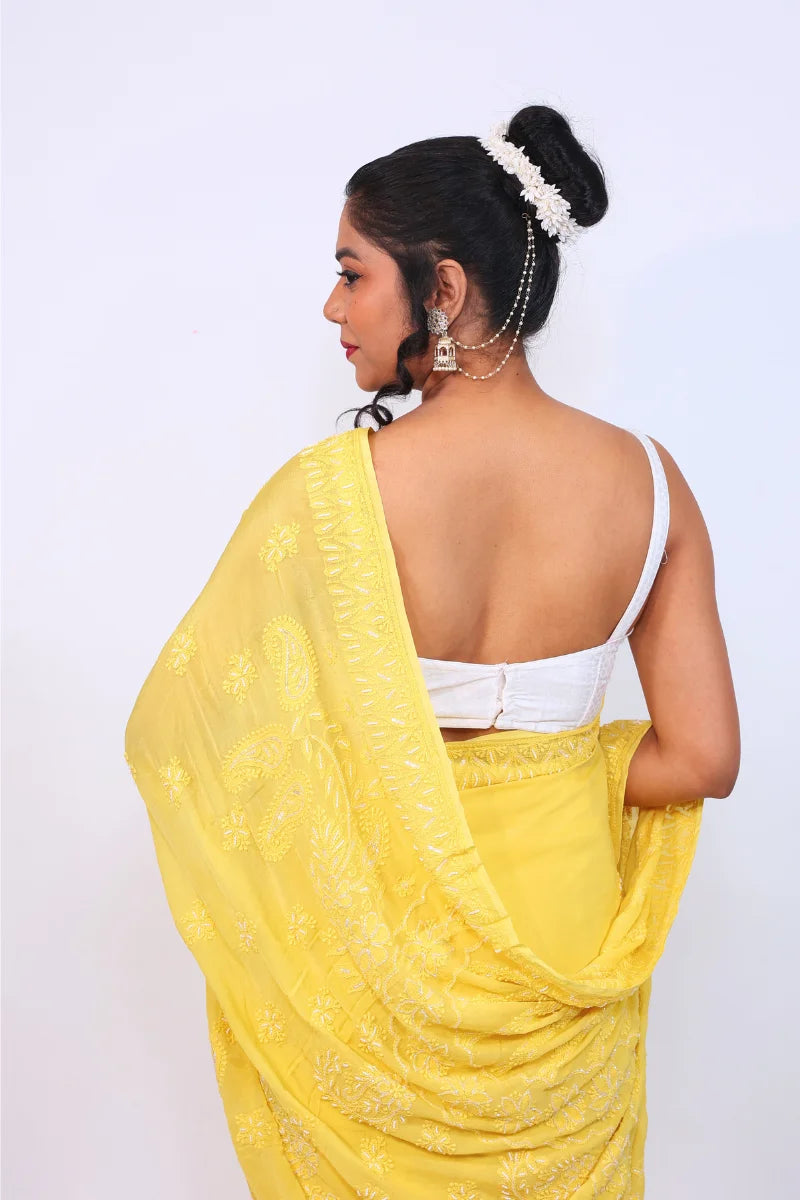 Sunflower Yellow Viscose Georgette Saree with Resham Dhaga, Pearl & Sequence Work