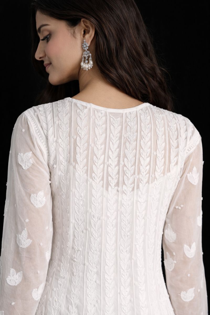 Pure Georgette White Anarkali Kurti with Pearl & Cutdana Work