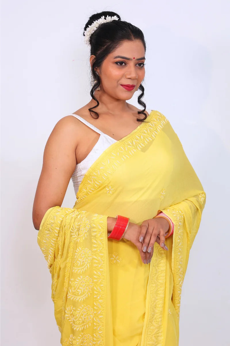 Sunflower Yellow Viscose Georgette Saree with Resham Dhaga, Pearl & Sequence Work