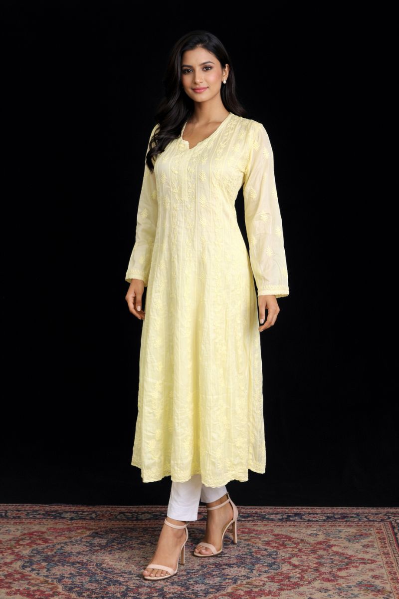 Butter Yellow Modal Silk Chikankari Anarkali Kurti
