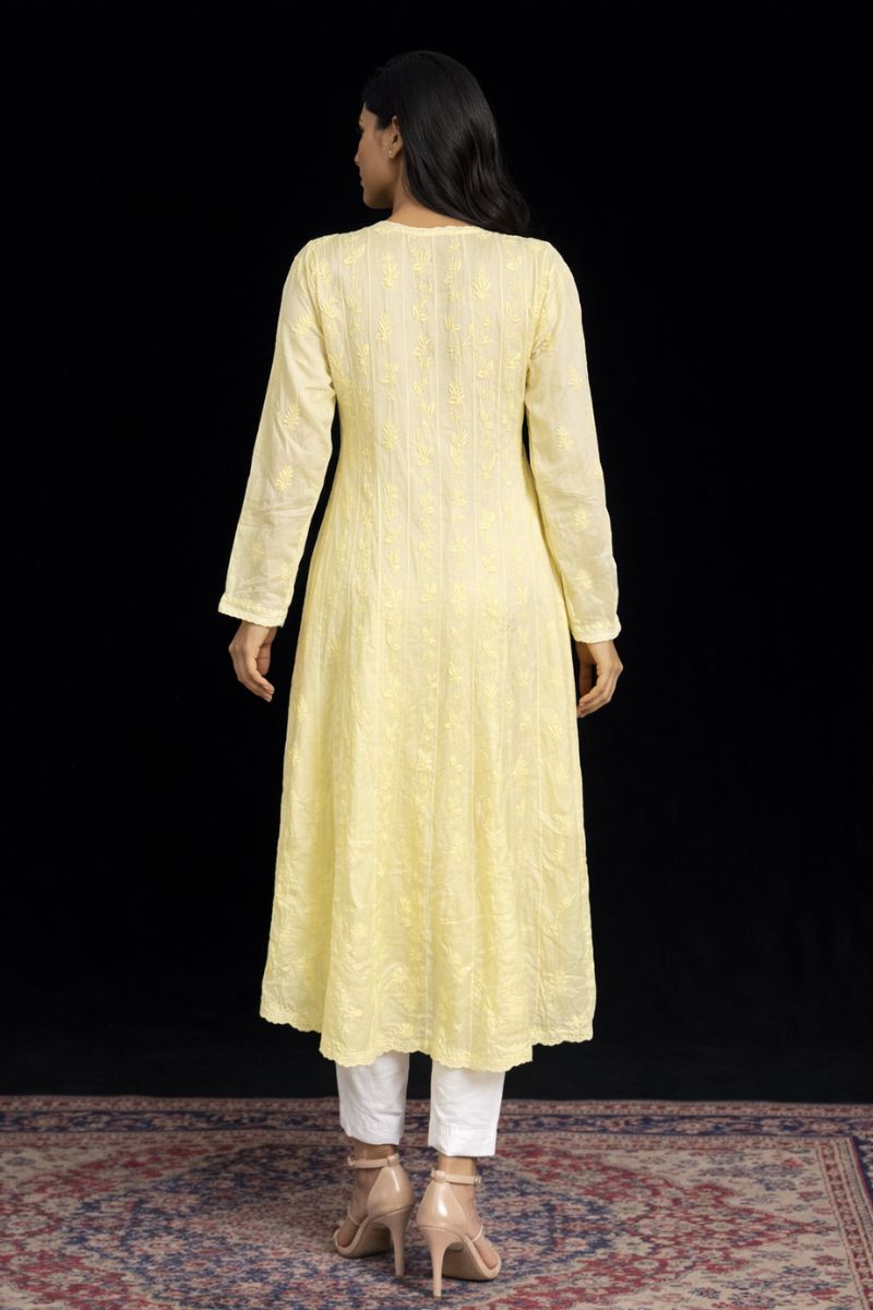 Butter Yellow Modal Silk Chikankari Anarkali Kurti