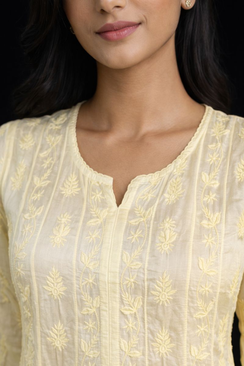Butter Yellow Modal Silk Chikankari Anarkali Kurti