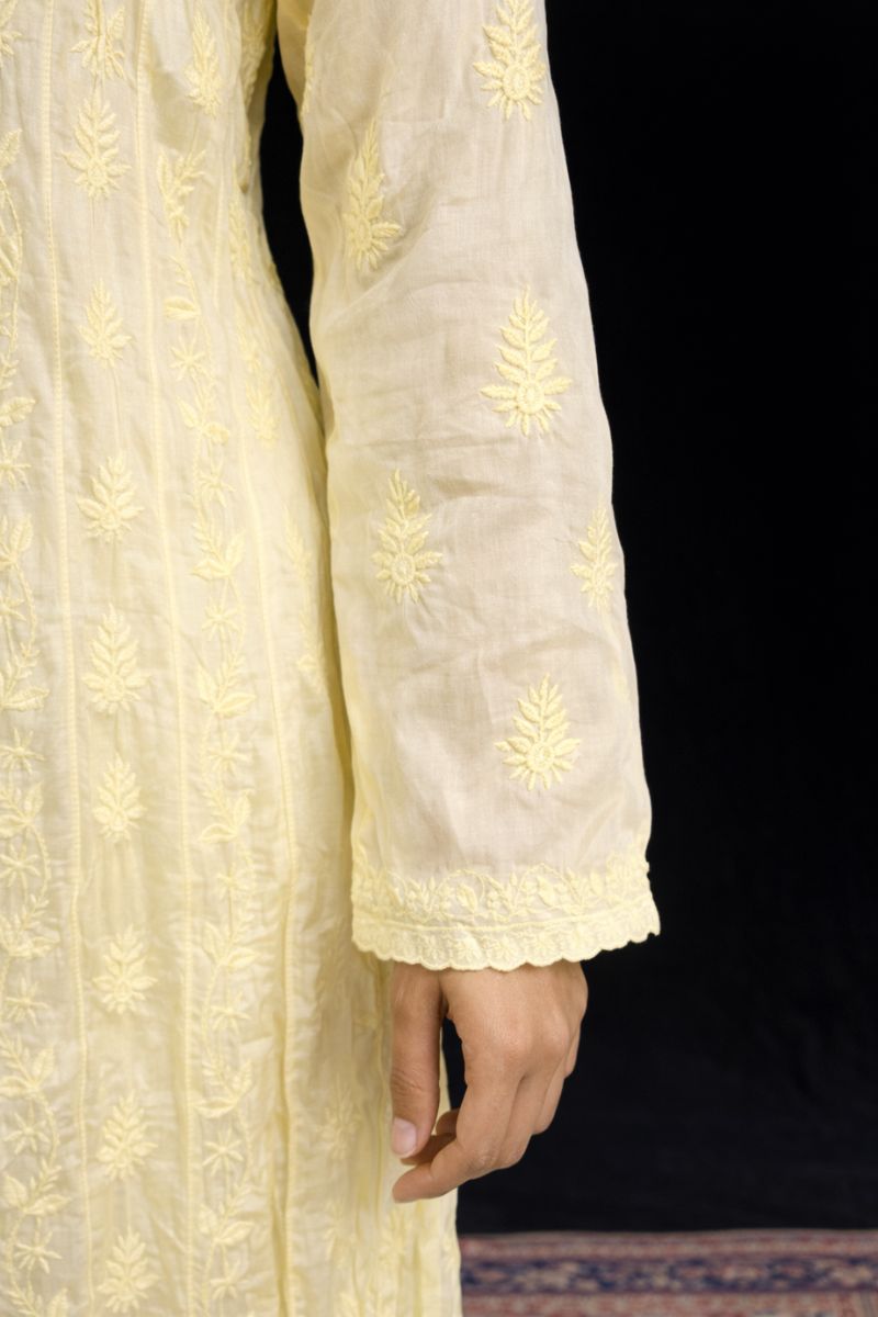 Butter Yellow Modal Silk Chikankari Anarkali Kurti