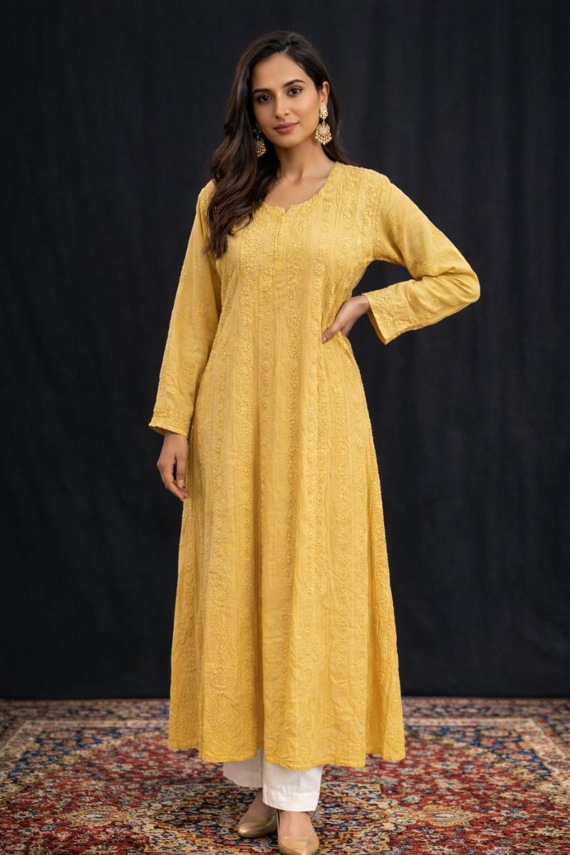 Pale Mustard Modal Cotton Anarkali Kurti