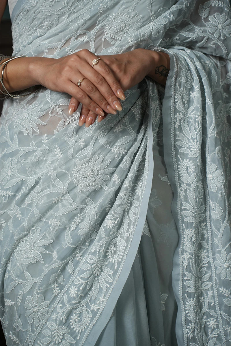 Dove Grey Georgette Saree with Understated Chikankari Elegance