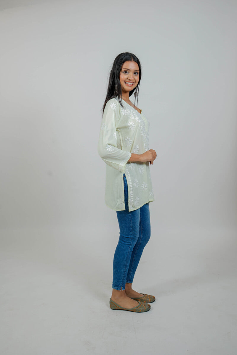 Lime Yellow Mul Cotton Chikankari Short Kurti