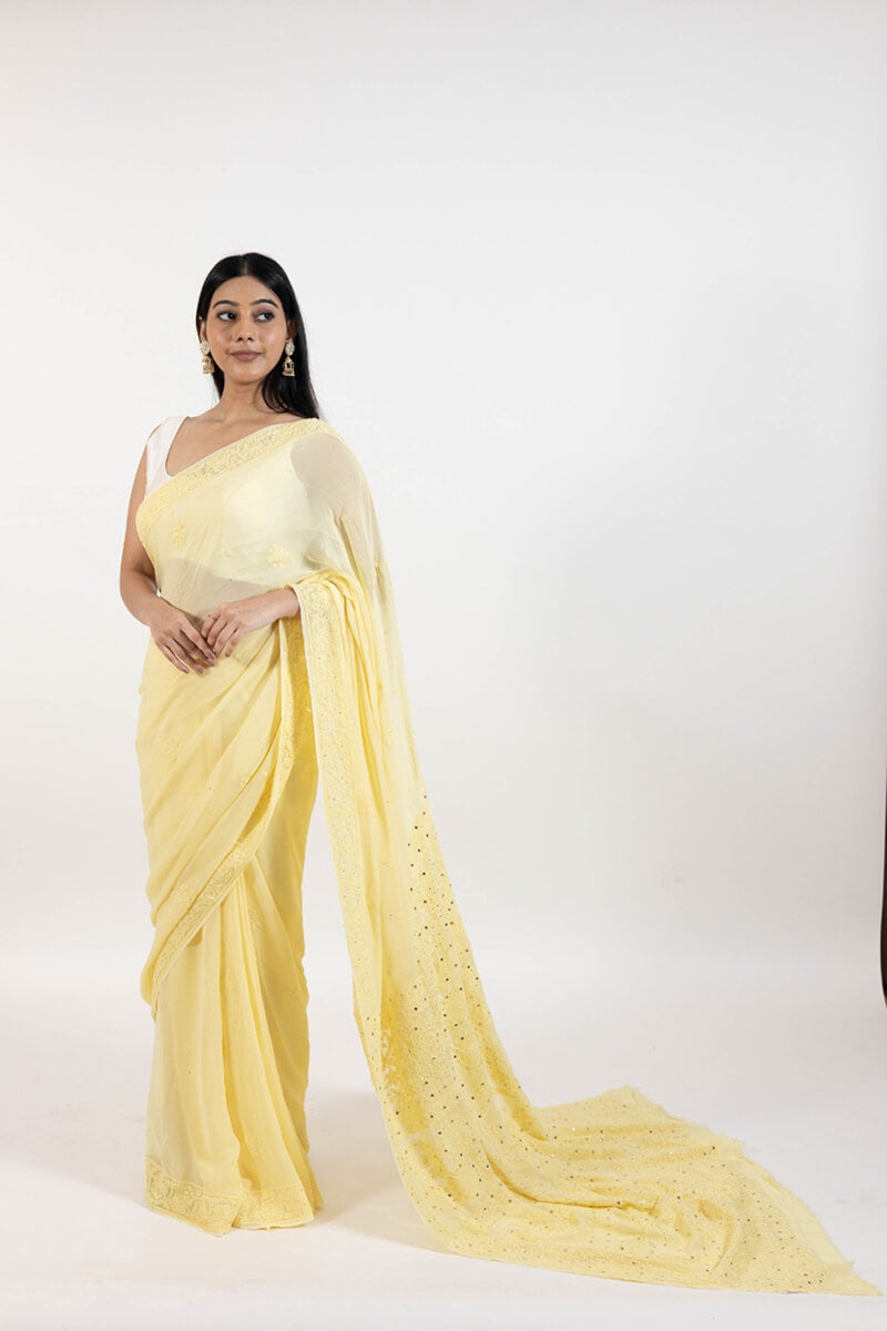 Yellow Georgette Saree with Mukesh Work & Resham Dhaga Embroidery
