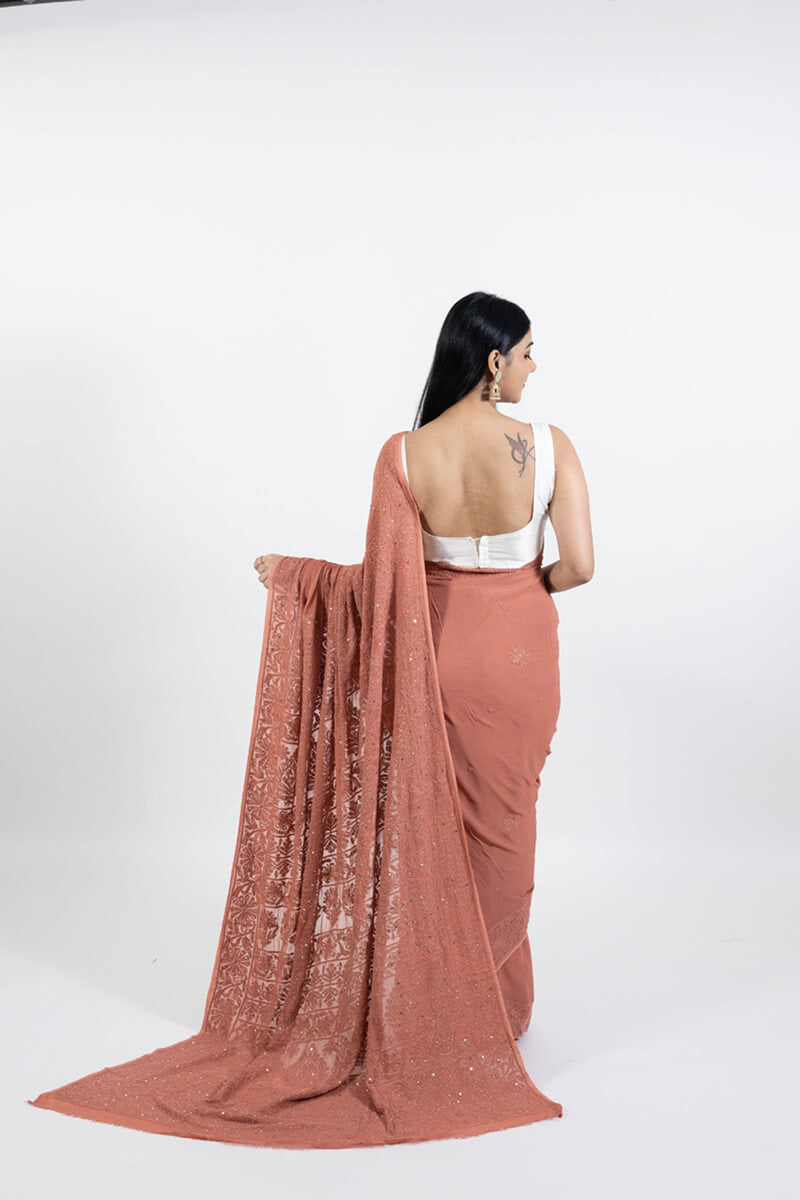 Rust Georgette Saree with Mukesh Work & Resham Dhaga Embroidery