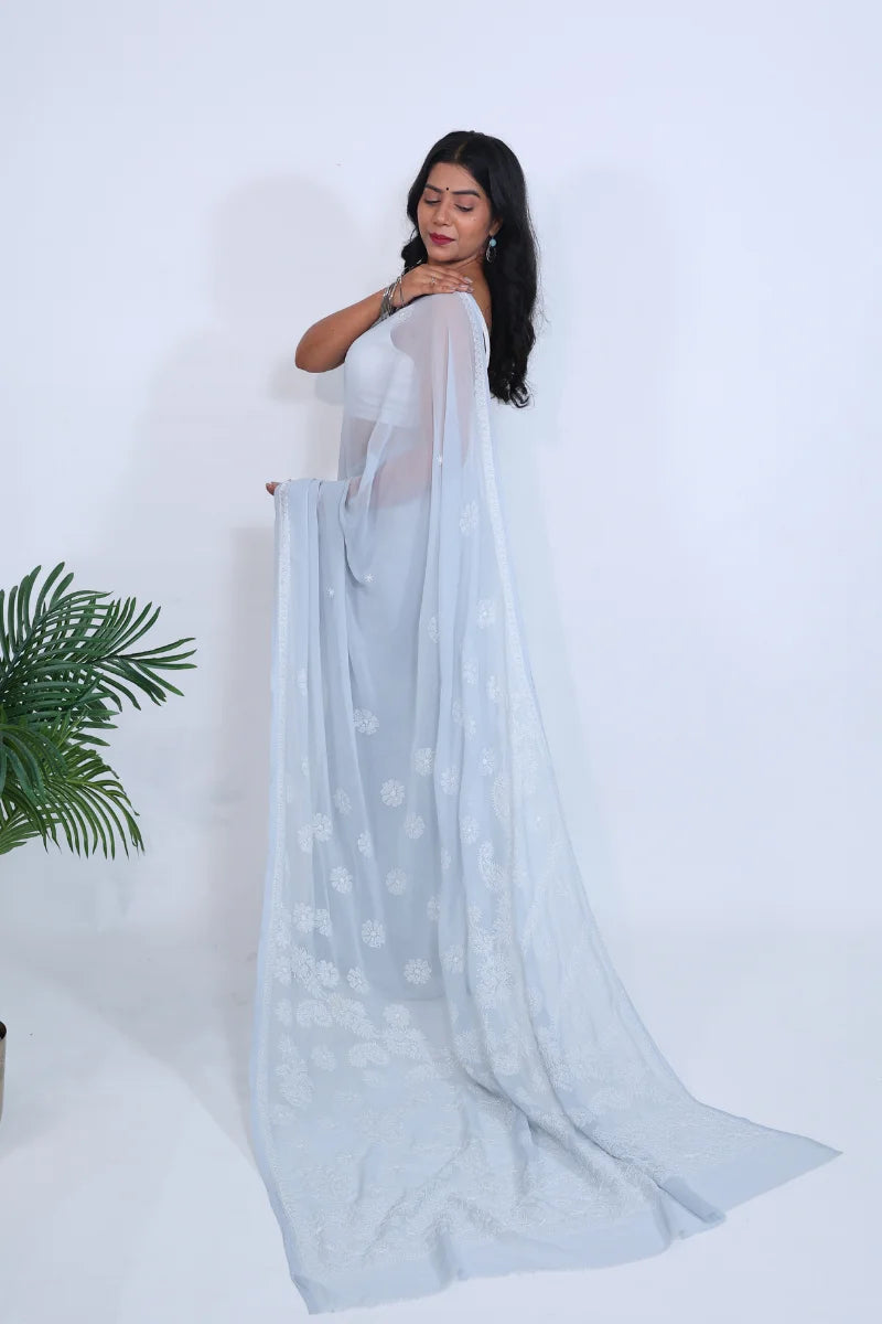 Grey Georgette Saree with Classic Chikankari Embroidery