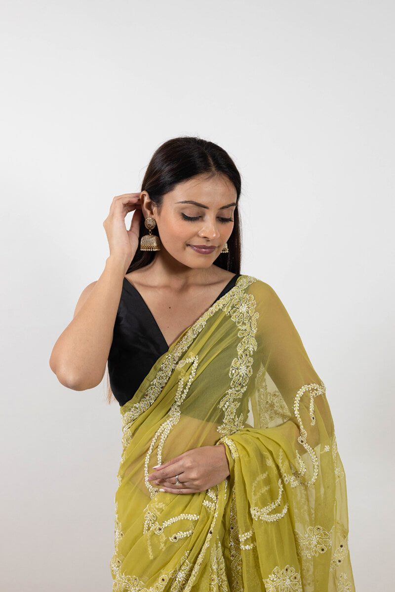 Mehndi Green Chikankari Saree with Mukesh Work