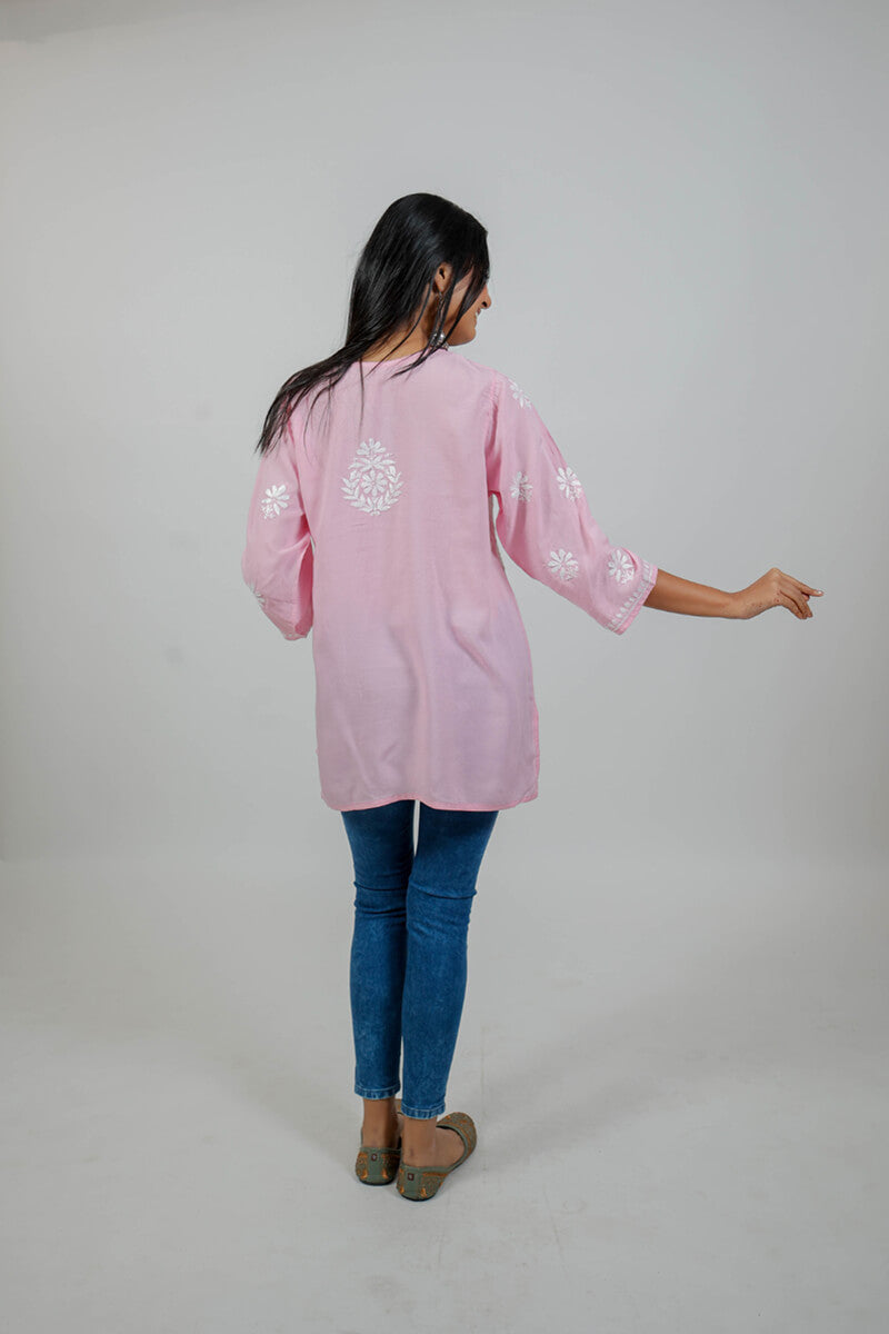 Pink Mul Cotton Chikankari Short Kurti