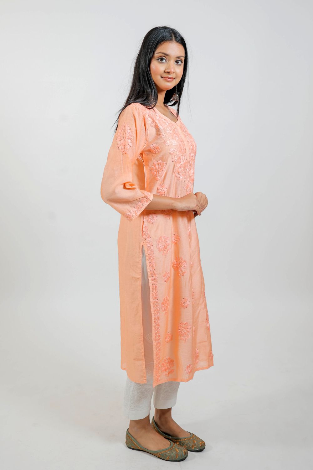 Peach Chanderi Silk Chikankari Kurti
