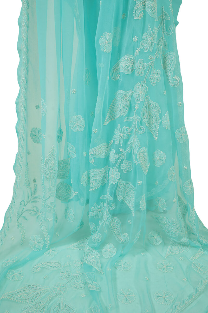 Aqua Blue Georgette Saree with Pearl & Katdana Work