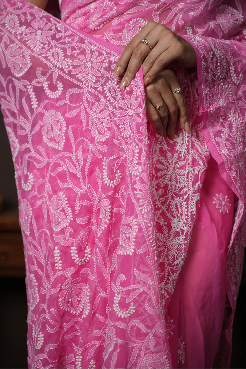 Hot Pink Georgette Saree with Bold Chikankari Embroidery