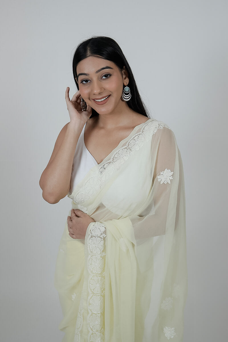 Pale Beige Georgette Saree with Pearl & Katdana Work