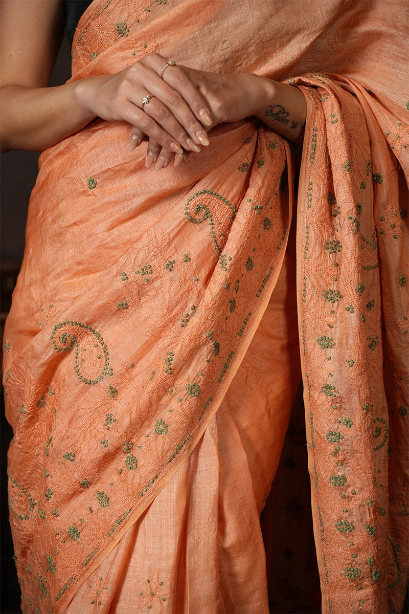 Rust-Orange Chanderi Silk Chikankari Saree with Traditional Paisley Motifs