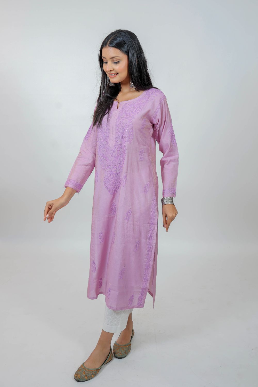 Light Violet Chanderi Silk Chikankari Kurti
