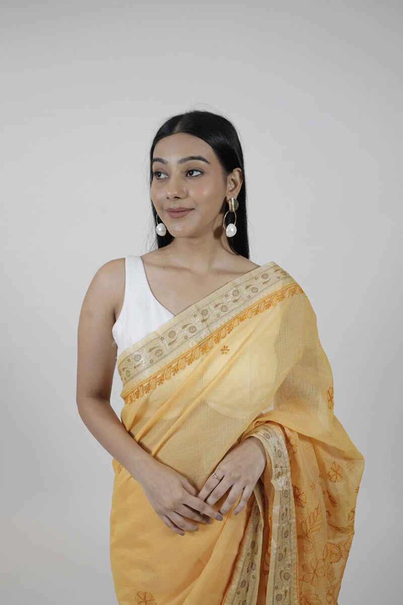 Orange Kota Chikankari Hand-Embroidered Saree