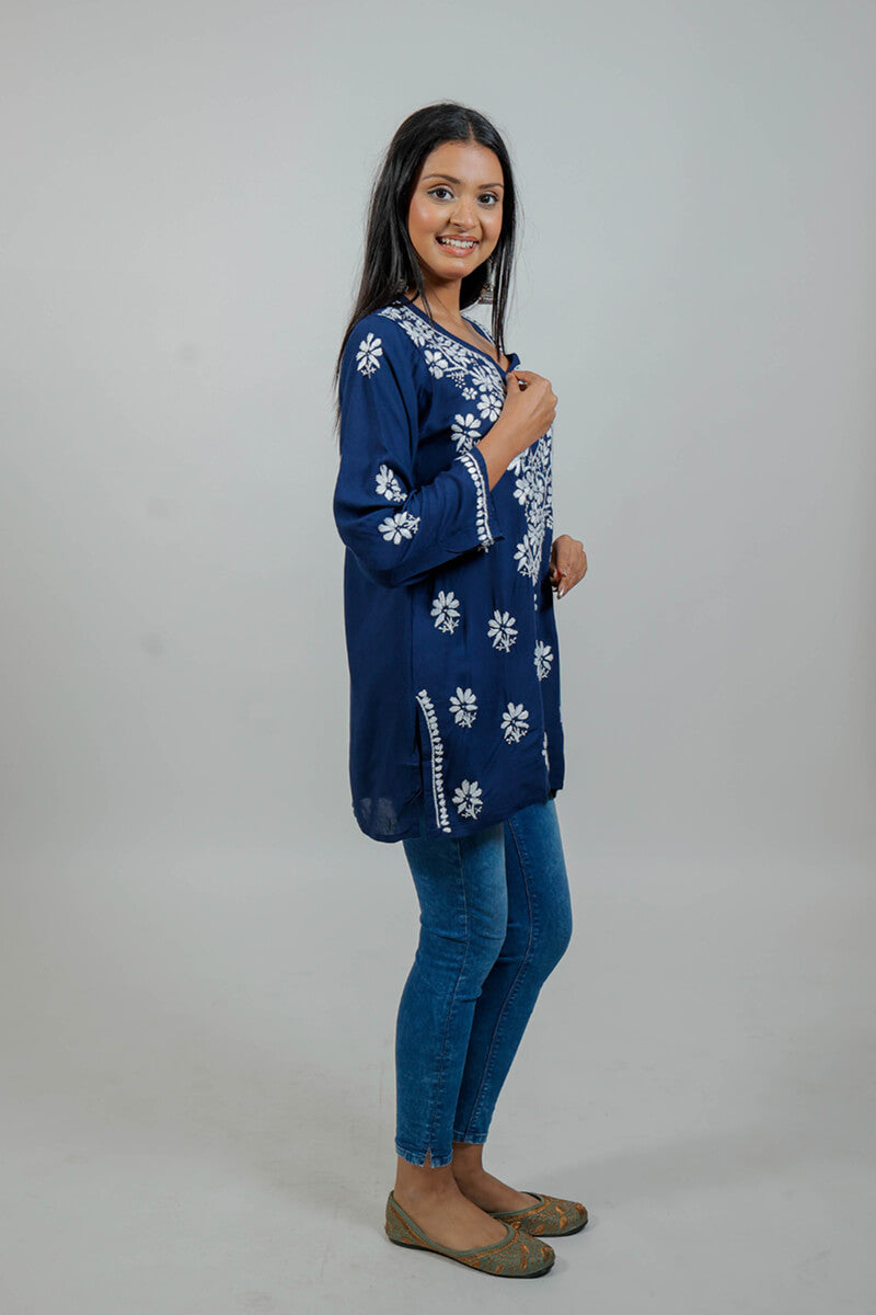 Navy Blue Mul Cotton Chikankari Short Kurti