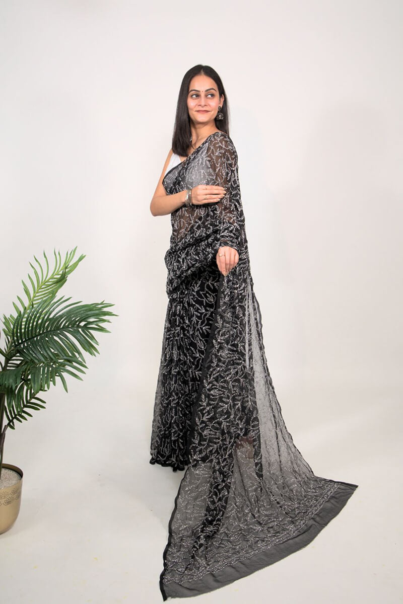 Black Tepchi Chikankari Saree