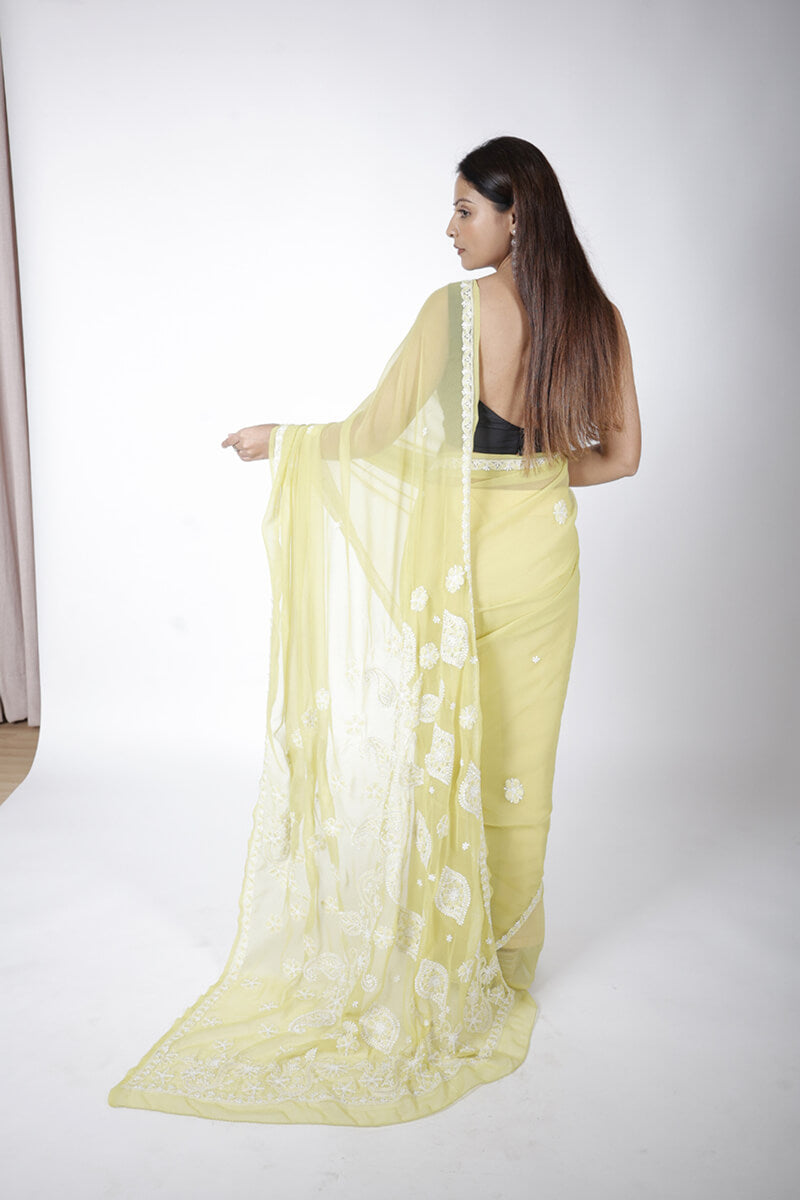 Mehndi Green Georgette Saree with Pearl & Katdana Work