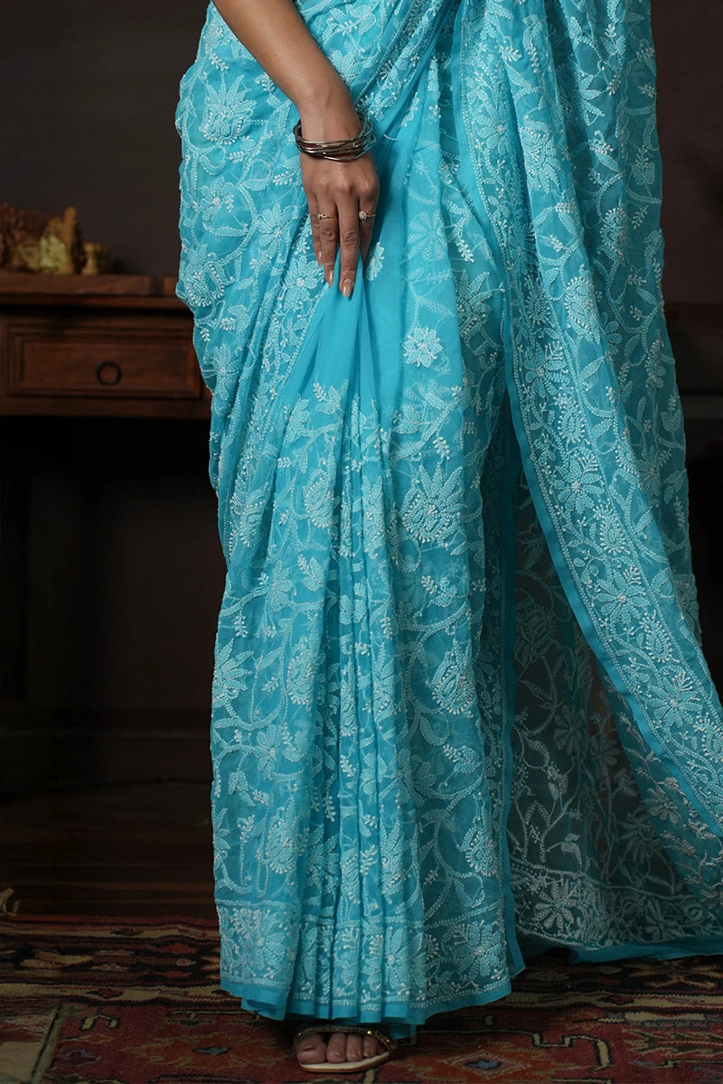 Sky Blue Chikankari Saree with Fresh Floral Embroidery