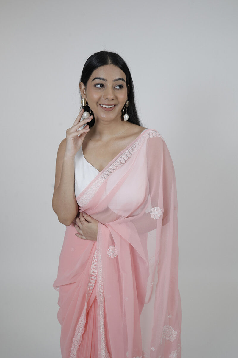 Pink Georgette Saree with Chikankari Embroidery