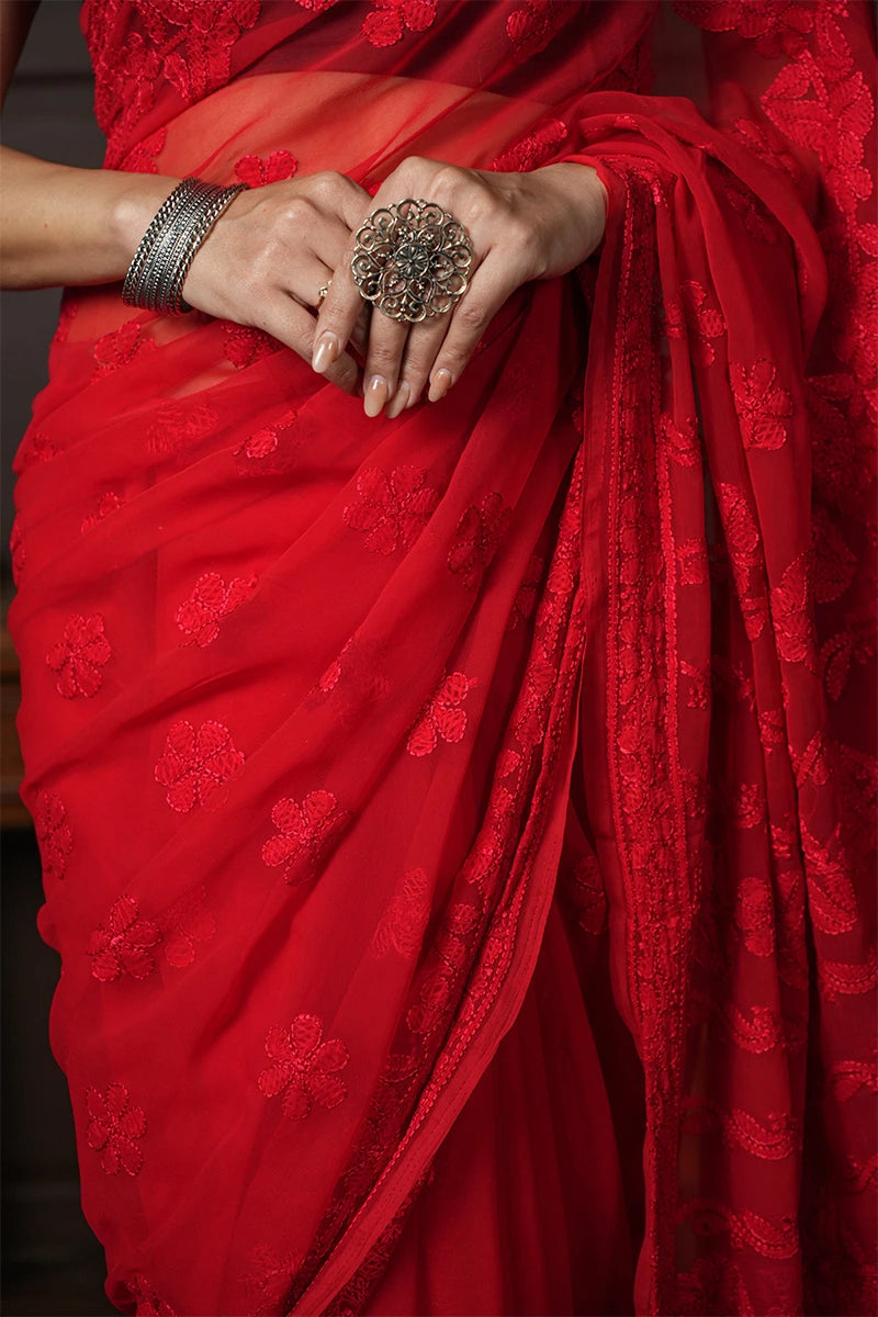 Red Georgette Saree with Intricate Chikankari Floral Work
