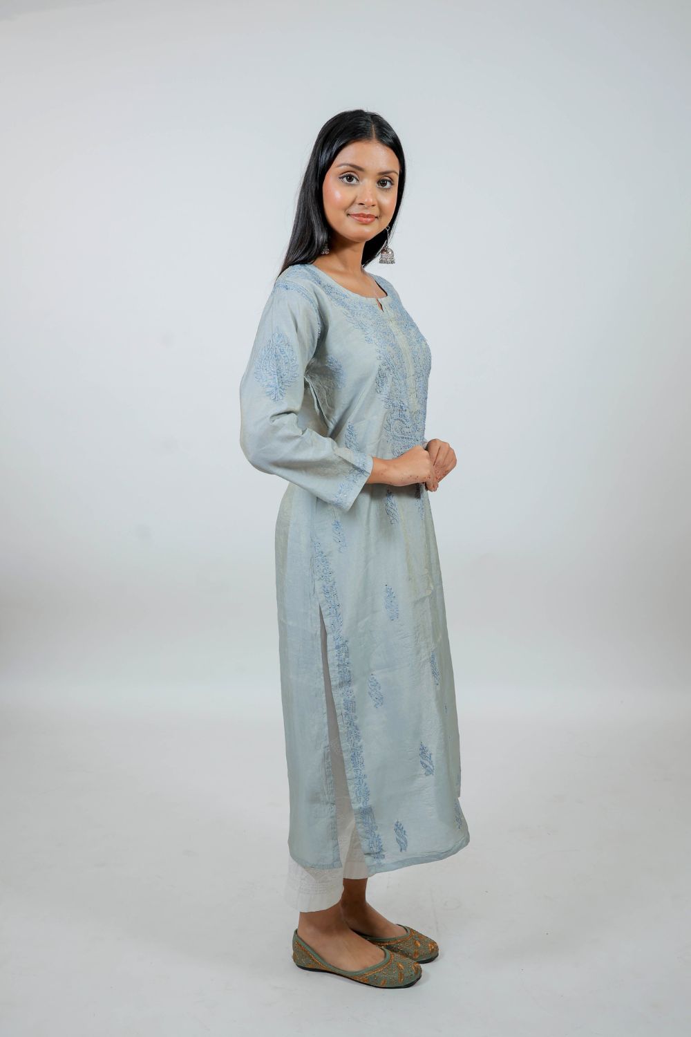 Grey Chanderi Silk Chikankari Kurti