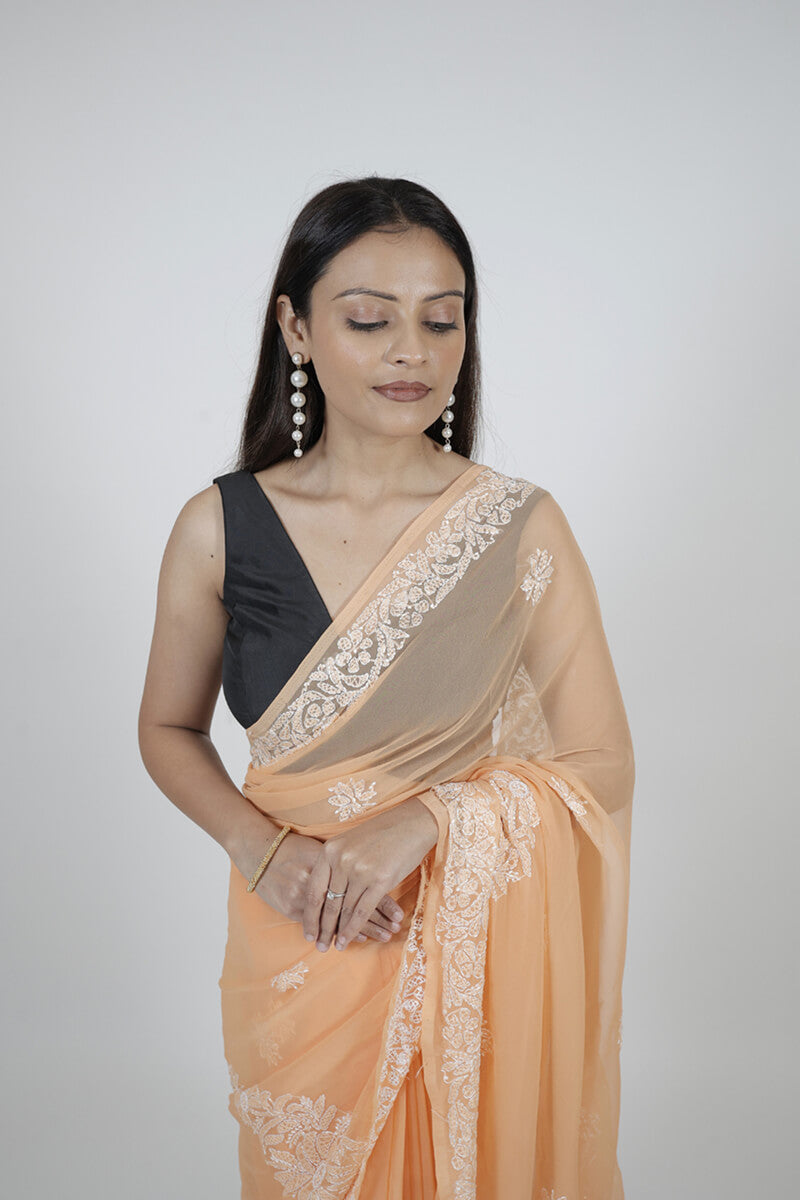 Peach Chikankari Saree with Pearl & Katdana Work