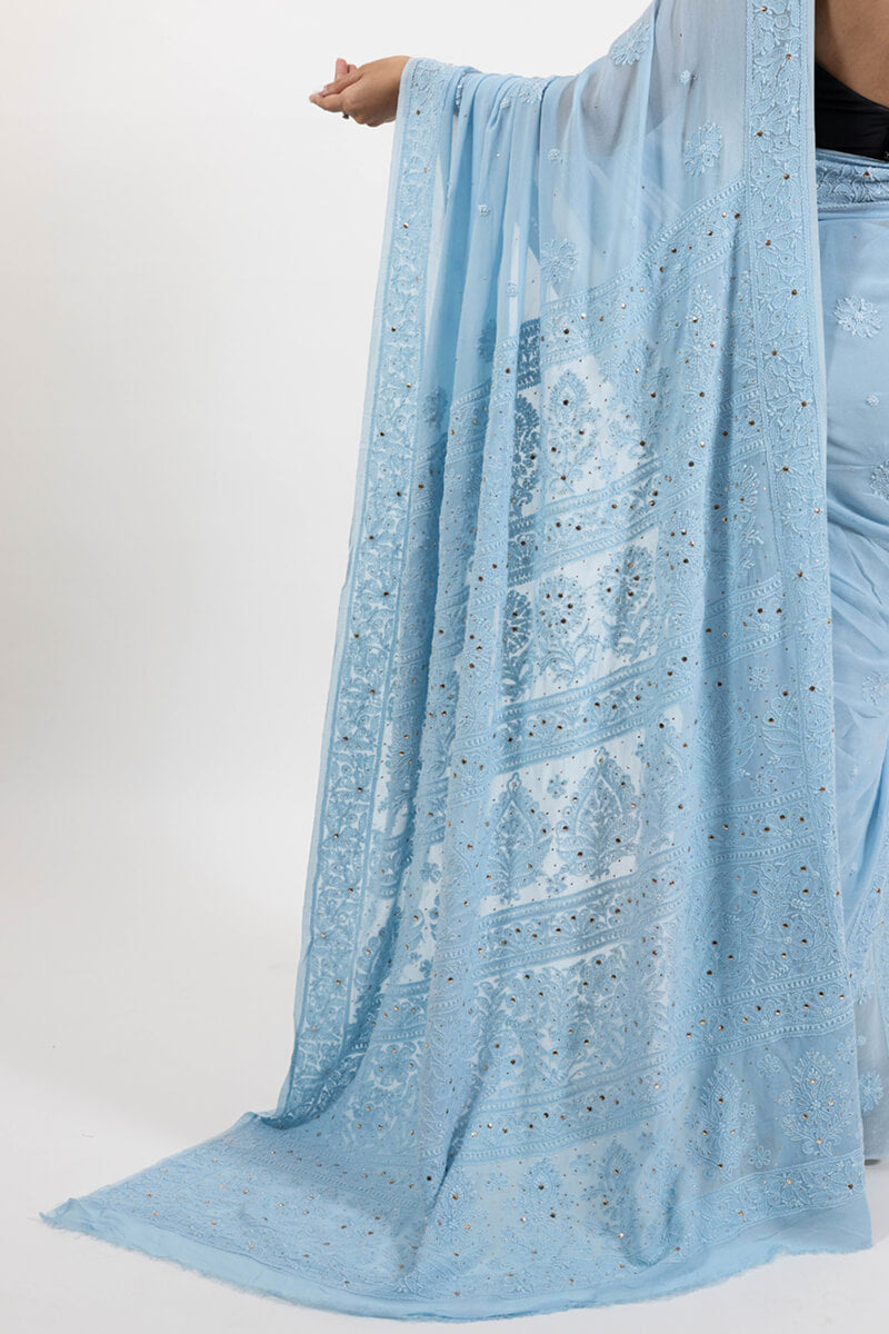 Powder Blue Georgette Saree with Mukesh Work & Resham Dhaga Embroidery
