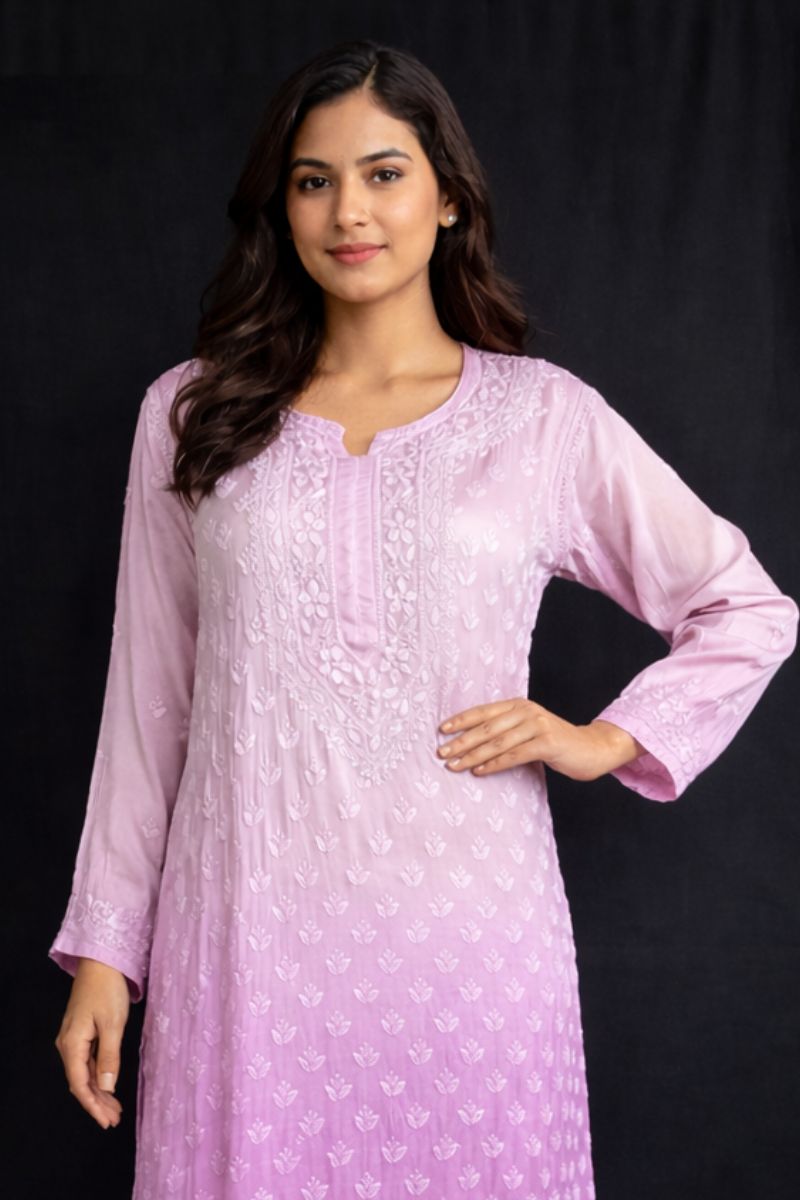 Ombre Pink Modal Silk Chikankari Kurta