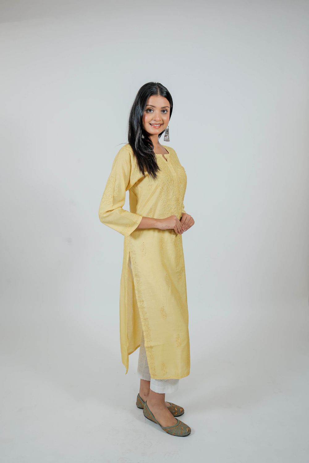 Sunshine Yellow Chanderi Silk Chikankari Kurti