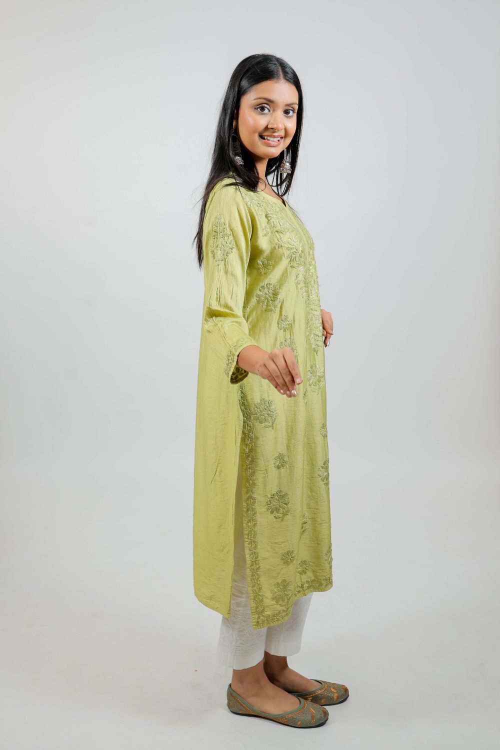 Mehendi Green Chanderi Silk Chikankari Kurti
