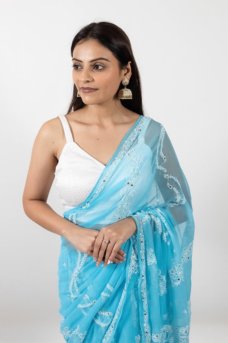 Sea Blue Chikankari Saree with Mukesh Work