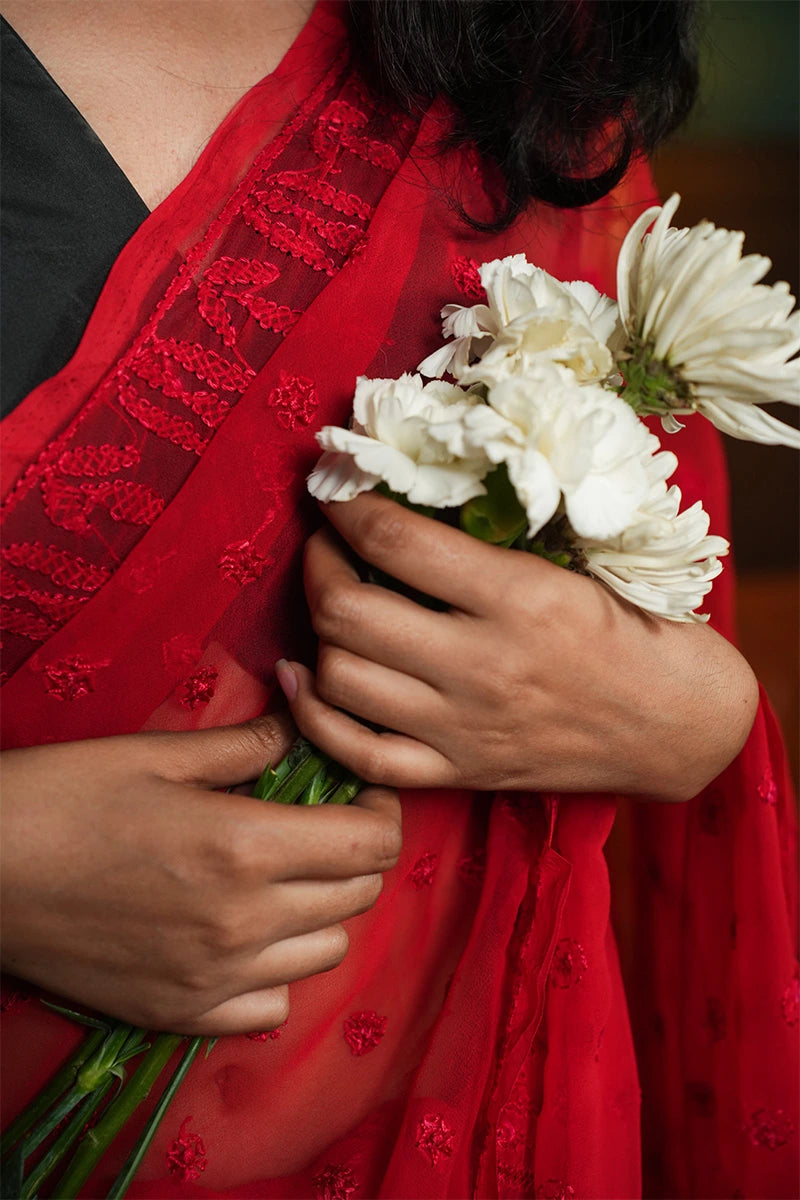 Scarlet Red Georgette Saree with Bold Traditional Chikankari Embroidery